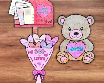 Valentine’s Day Bible Craft Bundle, Sunday School Coloring Pages for Kids, Scripture Verse Activity 1 Corinthians 13, Christian Valentines
