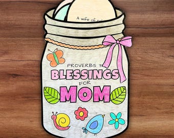 Mother's Day Bible Craft, Proverbs 31 Scripture Mason Jar Sunday School Coloring Activity Printable, Keepsake Gift To Mom Grandma From Child