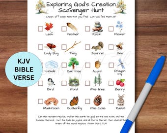 Scavenger Hunt Nature Walk KJV Bible Lesson For Kids, Exploring Gods Creation Homeschool Sunday School Printable, Outdoor Adventure Activity