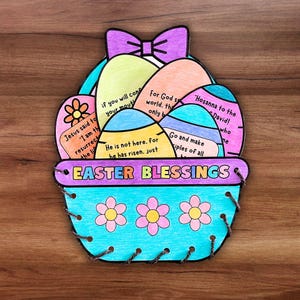 Christian Easter Sunday School Bible Craft, Holy Week Easter Blessings Basket Sewing Lace-up Coloring Activity, Resurrection Day Printable