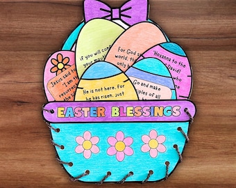 Christian Easter Sunday School Bible Craft, Holy Week Easter Blessings Basket Sewing Lace-up Coloring Activity, Resurrection Day Printable