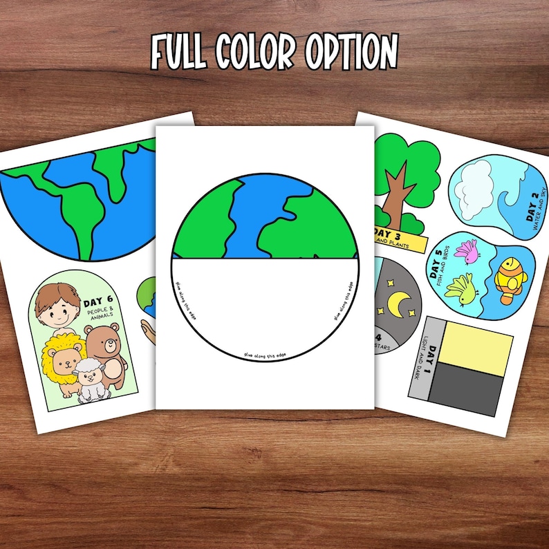 May include: Three white paper cutouts with colorful illustrations. One shows a blue and green Earth, another has a tree, fish, and a moon, and the last one has a boy with animals. The text "FULL COLOR OPTION" is at the top.