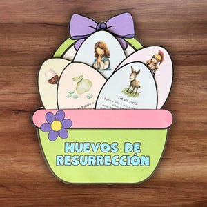 Manualidad bíblica imprimible con la historia de Pascua de los huevos de resurrección, Semana Santa, Pascua, Adviento, Escuela Dominical, viaje misionero, actividad para colorear con canasta