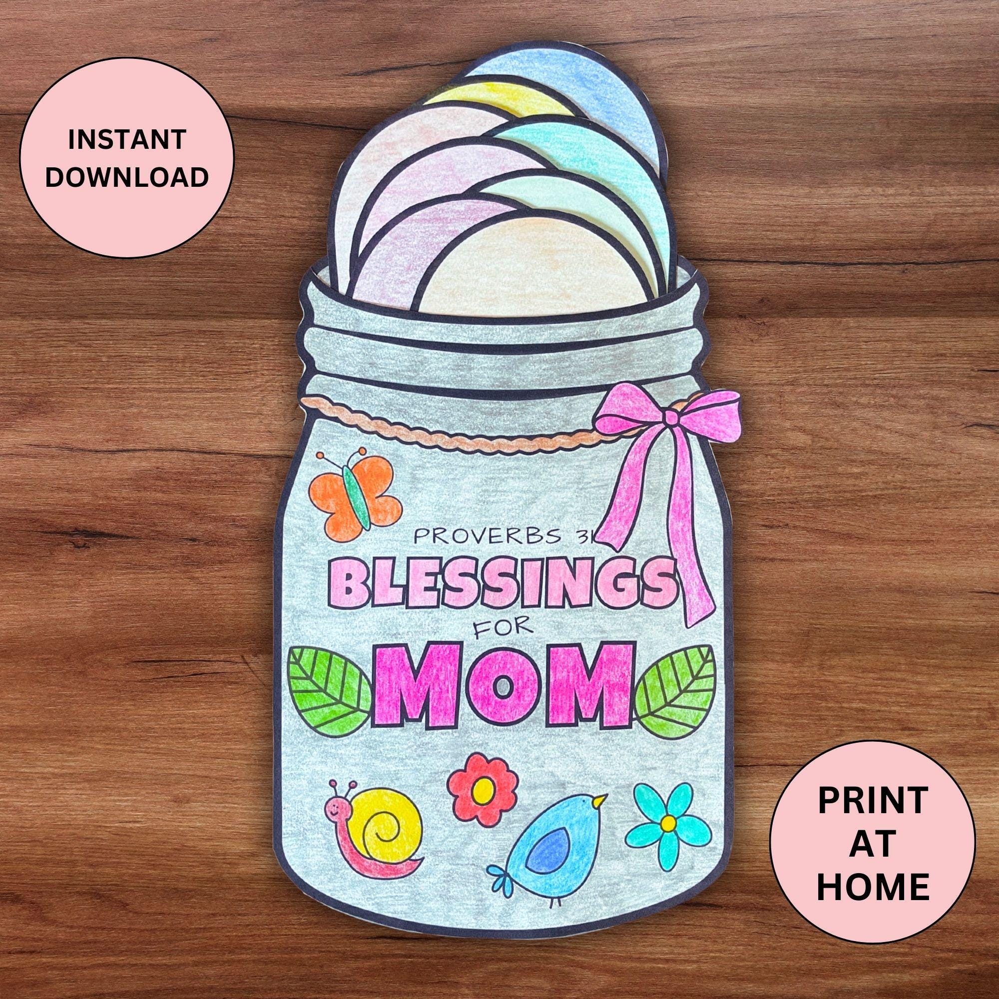 Mother's Day Bible Craft, Proverbs 31 Scripture Mason Jar Sunday School Coloring Activity Printable, Keepsake Gift To Mom Grandma From Child
