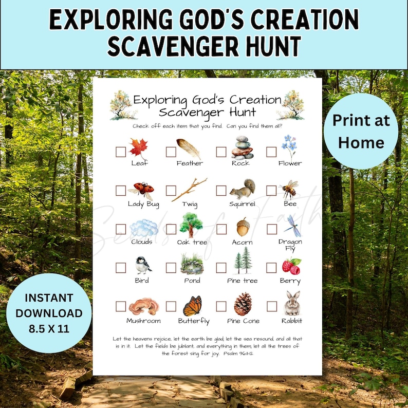 Scavenger Hunt Nature Walk Bible Lesson For Kids, Exploring Gods Creation Homeschool Sunday School Printable, Outdoor Adventure Activity image 2