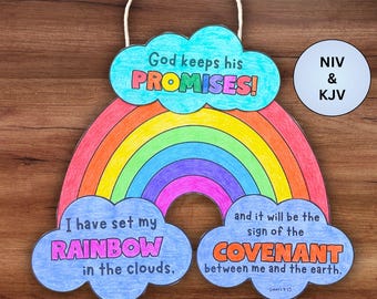 God's Promise Rainbow Craft Bible Lesson Printable, Sunday School Homeschool Activity, Noah's Ark Rainbow Childrens Ministry Coloring Craft