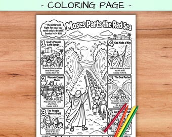 Moses Parts the Red Sea Coloring Page, Bible Story Printable, Exodus Sunday School Activity, Christian Homeschool Bible Lesson for Kids