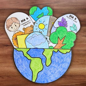 Manualidad bíblica de los días de la creación en español, lección de escuela dominical cristiana, actividad para colorear del Génesis "En el principio" imprimible para la escuela dominical