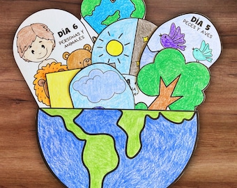 Spanische Tage der Schöpfung Bibel Handwerk, christliche Sonntagsschullektion, am Anfang Genesis Aktivität Färbung druckbare Escuela Dominical
