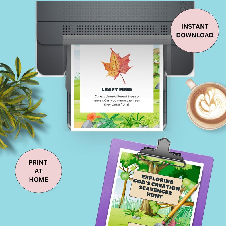 Op de afbeelding: Printbare natuur-speurtocht activiteit voor kinderen. De printbare afbeelding toont een kleurrijke illustratie van een bos met de tekst "Exploring God's Creation Scavenger Hunt".