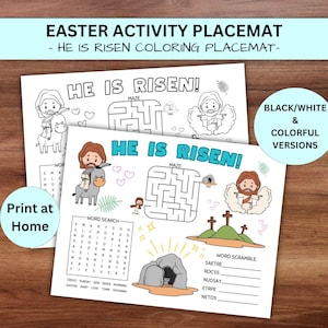 Easter Resurrection Sunday Craft He is Risen Sunday School Activity Coloring Page Placemat Holy Week Kids Church Activity Printable