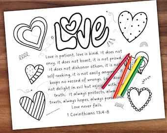 Christian Valentine’s Day Bible Lesson Kids Coloring Page, Corinthians 13 Love is Patient Scripture Sunday School Homeschool Church Activity