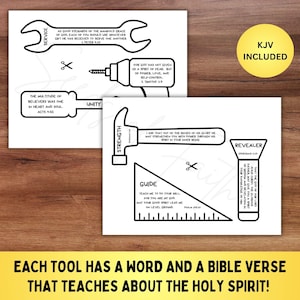 May include: Black and white line drawings of tools with accompanying Bible verses. The tools include a wrench, drill, hammer, level, and a revealer. The text "KJV Included" is in a yellow circle. The bottom of the image reads: "EACH TOOL HAS A WORD AND A BIBLE VERSE THAT TEACHES ABOUT THE HOLY SPIRIT!"