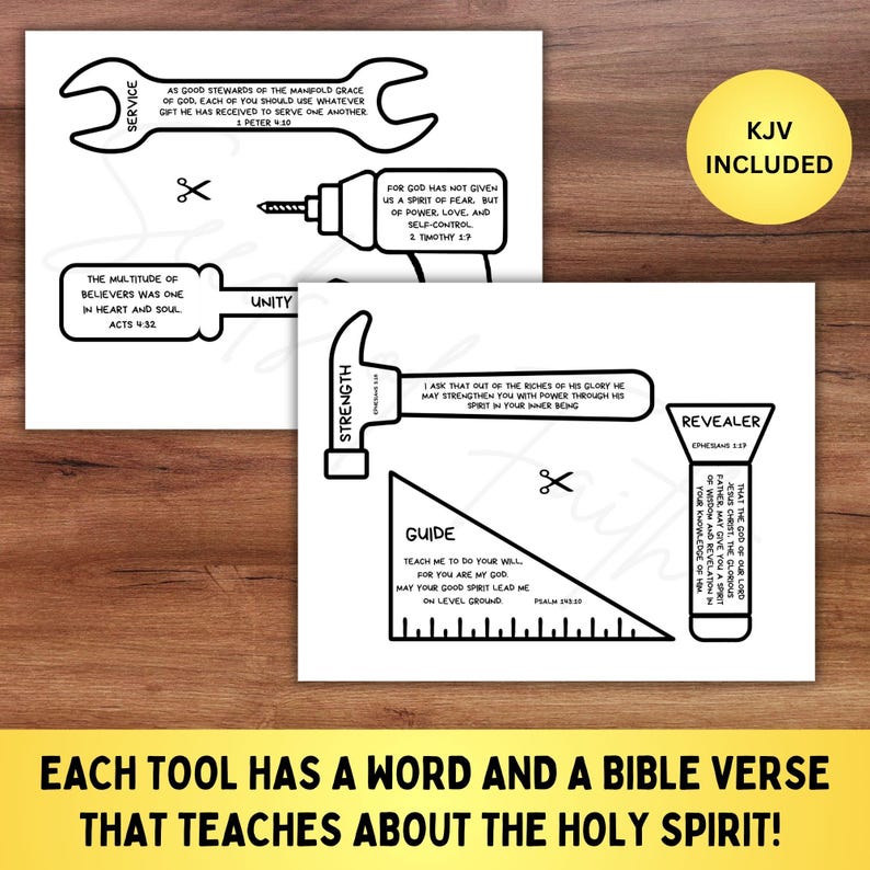 May include: Black and white line drawings of tools with accompanying Bible verses. The tools include a wrench, drill, hammer, level, and a revealer. The text "KJV Included" is in a yellow circle. The bottom of the image reads: "EACH TOOL HAS A WORD AND A BIBLE VERSE THAT TEACHES ABOUT THE HOLY SPIRIT!"