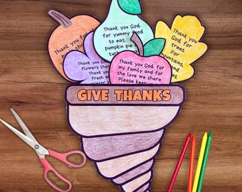 Thanksgiving Give Thanks Prayer Cornucopia Coloring Pocket Craft for Kids, Sunday School Homeschool Gratitude Activity, Christian Kids Craft