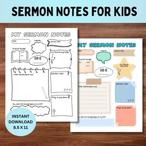 Notas para sermones imprimibles para niños, actividad para la escuela dominical de la iglesia infantil, estudio bíblico para niños, hoja de trabajo para el servicio de adoración de la iglesia para adolescentes de primaria imagen 2