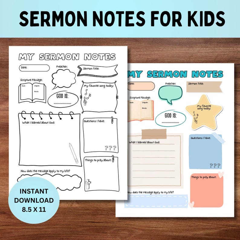 Notas para sermones imprimibles para niños, actividad para la escuela dominical de la iglesia infantil, estudio bíblico para niños, hoja de trabajo para el servicio de adoración de la iglesia para adolescentes de primaria imagen 2