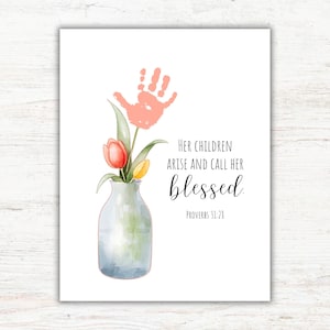 Handprint Flower Mothers Day Craft, DIY Preschool Toddler Craft Keepsake Christian Bible Verse Handprint Art Printable Birthday Gift for Mom