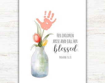 Handprint Flower Mothers Day Craft, DIY Preschool Toddler Craft Keepsake Christian Bible Verse Handprint Art Printable Birthday Gift for Mom
