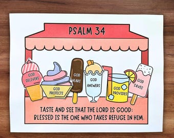 Summer Ice Cream Stand Bible Craft, Psalm 34 Taste & See the Lord is Good VBS Lesson Coloring Activity Printable, Kids Church Cut and Paste