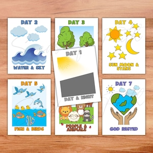 May include: A set of six educational cards illustrating the seven days of creation. Each card features colorful cartoon graphics, including water, sky, sun, moon, stars, fish, birds, animals, and a heart-shaped earth, with text labels for each day.