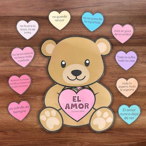 Manualidad bíblica cristiana para San Valentín, 1 Corintios 13, actividad para un viaje misionero con un osito de peluche