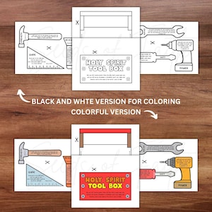 May include: A set of printable coloring pages featuring tools and the text "Holy Spirit Tool Box." The pages include images of a hammer, wrench, drill, and other tools, with related Bible verses. The set includes both black and white and colorful versions.