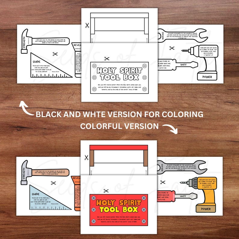 May include: A set of printable coloring pages featuring tools and the text "Holy Spirit Tool Box." The pages include images of a hammer, wrench, drill, and other tools, with related Bible verses. The set includes both black and white and colorful versions.