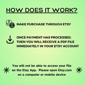 May include: A green and white graphic explaining how to purchase and download a digital product on Etsy. The graphic includes a dollar sign, a download arrow, and the text "MAKE PURCHASE THROUGH ETSY", "ONCE PAYMENT HAS PROCESSED, THEN YOU WILL RECEIVE A PDF FILE IMMEDIATELY IN YOUR ETSY ACCOUNT", and "You will not be able to access your file on the Etsy App. Please open Etsy.com on a computer or mobile device."