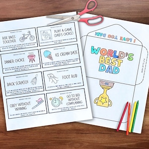 May include: A printable Father's Day card with a colorful envelope. The envelope has the words "I love you Dad! World's Best Dad" on the front. The card has a trophy and the words "Put glue here" on the back. The card includes a set of coupons for a dad to redeem from his children.