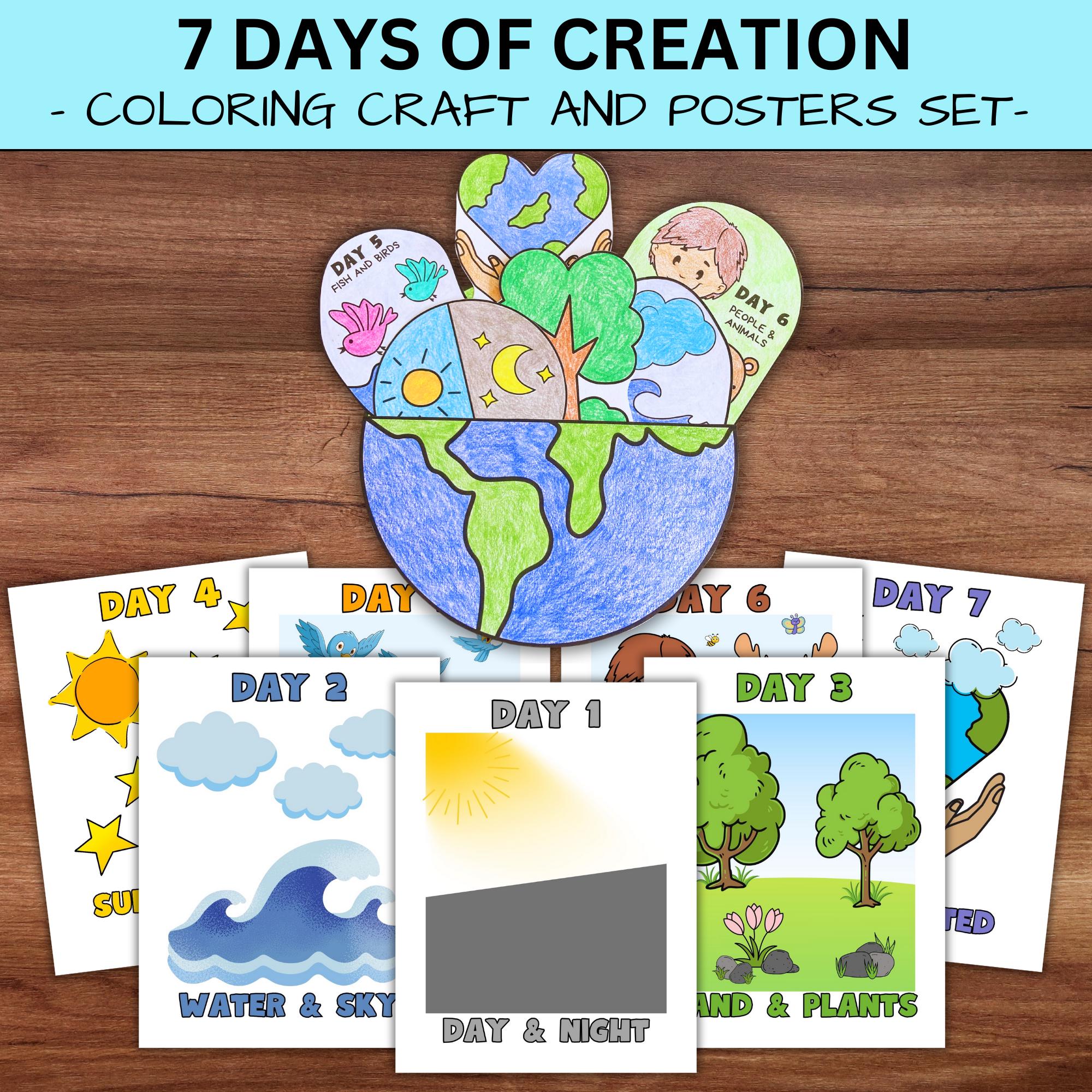 Days of Creation Bible Story Coloring Craft & Poster Set, Sunday School ...