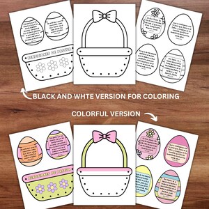 May include: A printable Easter basket craft with a basket and eggs. The eggs have Spanish text on them. The text includes the words "Bendiciones de Pascua" which means "Easter Blessings".