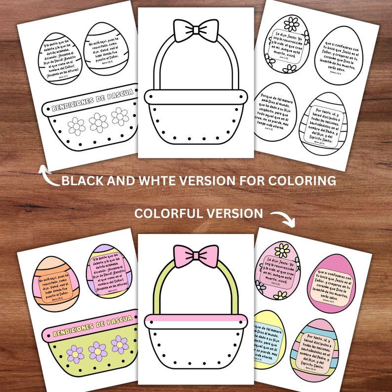 May include: A printable Easter basket craft with a basket and eggs. The eggs have Spanish text on them. The text includes the words "Bendiciones de Pascua" which means "Easter Blessings".