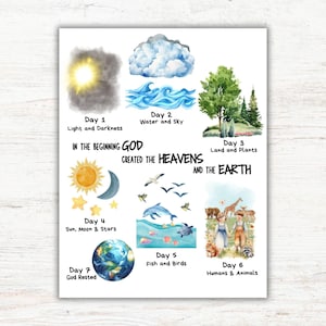 7 Tage der Schöpfung Genesis Sonntagsschule Poster, Kinder Christliche Bibel Wandkunst, Homeschool Creation Einheit druckbar, Kirche Klassenzimmer Dekor