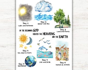 Póster de la Escuela Dominical "Los 7 Días de la Creación", Génesis, Arte mural bíblico cristiano para niños, Unidad de la Creación imprimible para la educación en casa, Decoración para el aula de la iglesia