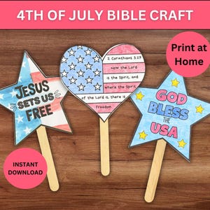 4th of July Bible Coloring Craft, Sunday School Homeschool Independence Day Freedom In Jesus Activity Printable, VBS Craft Parade Waver Wand
