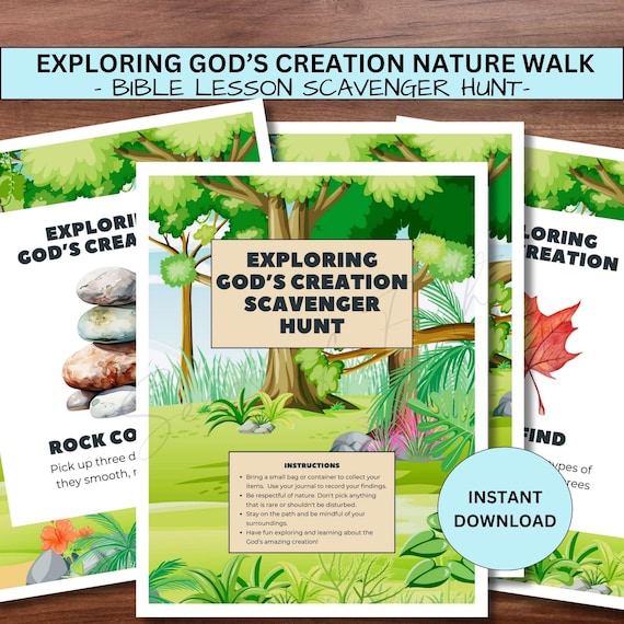 Nature Walk Scavenger Hunt Bible Lesson For Kids, Exploring Gods Creation Homeschool Sunday School Activity, Bible Verse Nature Journal