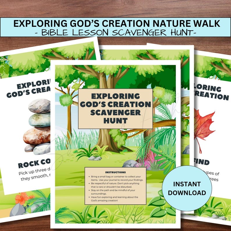 Natuurwandeling speurtocht Bijbelles voor kinderen, verkenning van Gods schepping Homeschool zondagsschoolactiviteit, bijbelvers natuurdagboek afbeelding 1