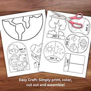 May include: Two white paper sheets with black line drawings of the Earth, animals, and other elements. A pair of pink-handled scissors rests on the right sheet. Text at the bottom reads, "Easy Craft: Simply print, color, cut out and assemble!"