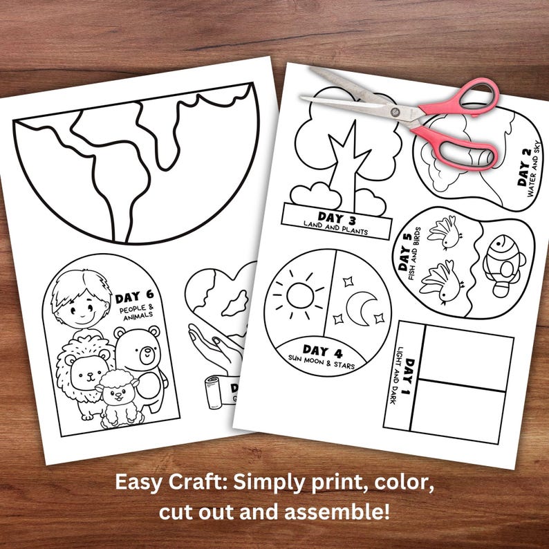 May include: Two white paper sheets with black line drawings of the Earth, animals, and other elements. A pair of pink-handled scissors rests on the right sheet. Text at the bottom reads, "Easy Craft: Simply print, color, cut out and assemble!"