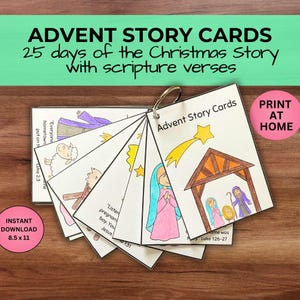 Tarjetas de historias de Adviento, actividad con versículos bíblicos, calendario de Adviento de la Natividad de Navidad imprimible, escuela dominical para educación en el hogar, actividad para colorear del nacimiento de Jesús