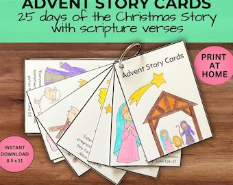 Advent Story Cards Bible Verse Activity Printable Christmas Nativity Advent Calendar Homeschool Sunday School Jesus Birth Coloring Activity