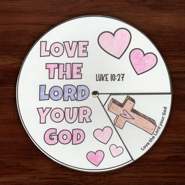 Love the Lord Coloring Wheel Luke 10:27 Printable Bible Activity Children's Bible Lesson Homeschool Christian School Coloring Cutting Craft