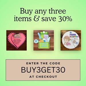 May include: A green background with a pink, green, and white graphic design. The graphic design includes three images of religious crafts. The text "Buy any three items & save 30%" is at the top of the image. The text "ENTER THE CODE BUY3GET30 AT CHECKOUT" is at the bottom of the image.