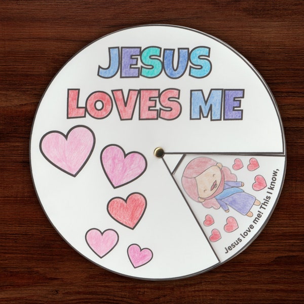 Jesus Loves Me Coloring Wheel, Printable Valentines Bible Activity, Sunday School Bible Lesson, Homeschool Christian School Jesus Love Craft