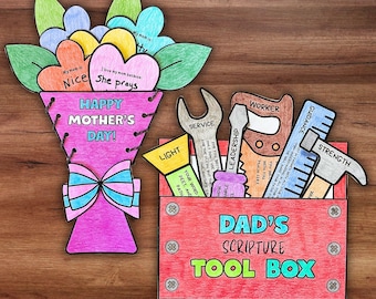 Mother’s Day & Father’s Day Bible Craft Bundle, Dads Scripture Toolbox Cut Paste Activity, Happy Mothers Day Flower Bouquet Lace Up Craft