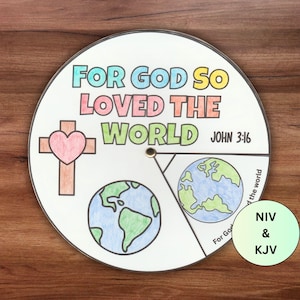 Sunday School Color Wheel John 3:16, Printable Bible Activity, Children's Bible Lesson, Homeschool Christian School Coloring Cutting Craft