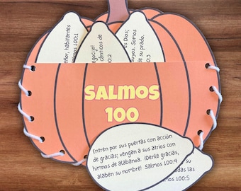 Spanish Salmos 100 Bible Verse Pumpkin Sewing Craft, Escuela Dominical Christian Homeschool Coloring Lace Up Fall Autumn Activity Printable