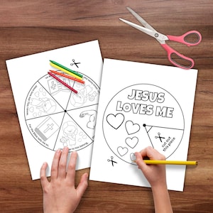 Ruota da colorare "Gesù mi ama", attività biblica stampabile per San Valentino, lezione biblica per la scuola domenicale, lavoretto sull'amore di Gesù per la scuola cristiana in casa immagine 4