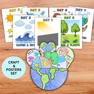 May include: A set of seven educational posters labelled Day 1 through Day 7, featuring colourful illustrations of creation themes like sun, water, plants, and animals. Below the posters is a circular paper craft depicting the Earth with hand-drawn details.